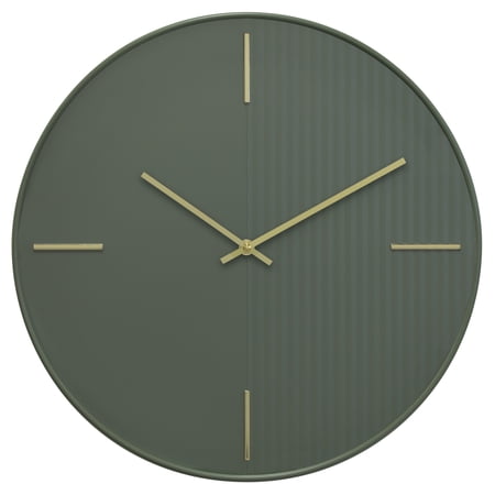 ZEN GROVE Minimalist Wall Clock, 15.75” Modern Green Wall Clock with Gold Accents, Subtle Stripe Face, Quartz Movement, Glass Cover, Contemporary Home Décor