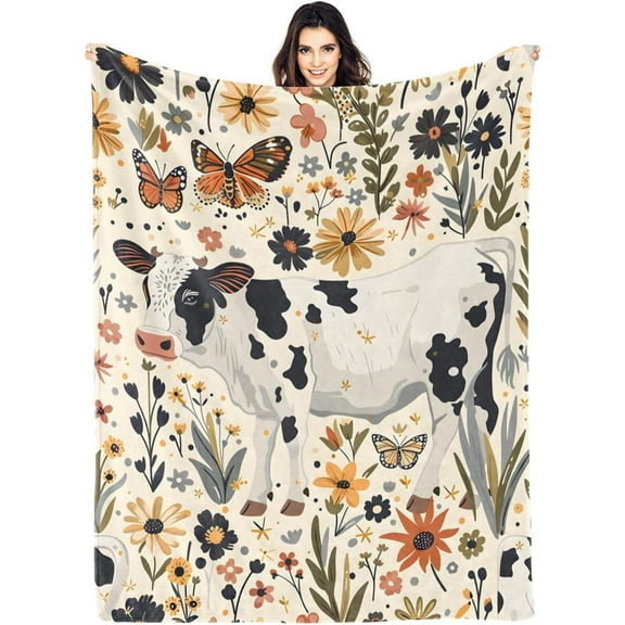 Boho Cow Blanket Floral Throw Blanket Gifts for Kids Baby Girls Boys Cozy Breathable Flannel Blanket for Sofa Couch Bed Room Birthday Easter Gift Decor 50 x 60 inchin