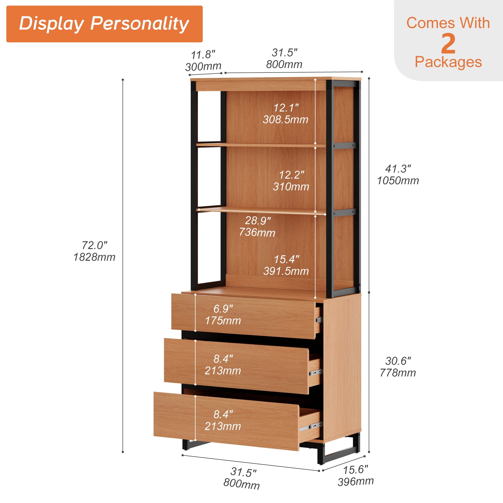 WAMPAT Modern 72" Tall Bookcase with 3 Drawers and Open Book Shelfs, Library Book Shelf with Storage Cabinet, Wood Freestanding Bookshelf for Home Office, Living Room, Mocha