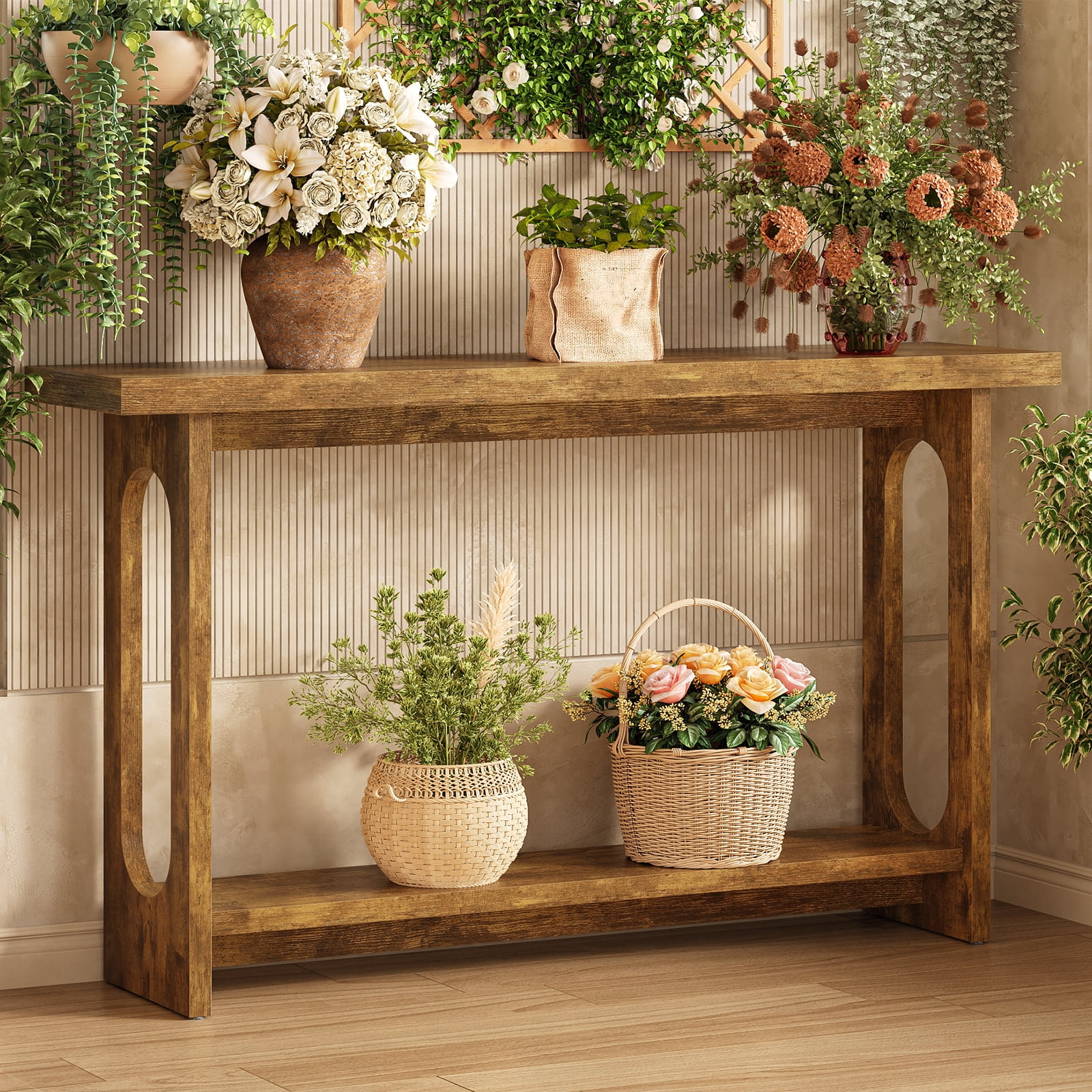 Tarnorci 54.33" Console Table, Narrow Entryway Sofa Table with Storage Shelves, Brown