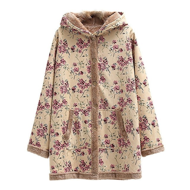 abrigos de gran tamaño vintage con bolsillos con capucha y estampado floral para mujer fridja bv0+475 Abrigo extragrande caqui con estampado floral rosa, vista frontal centrada con capucha; silueta recta hasta media muslo, bolsillos canguro frontales y ribete tipo borreguillo en capucha, cierre y puños; tejido ligero y transpirable según especificaciones. Adecuado como capa informal para uso diario o viajes.