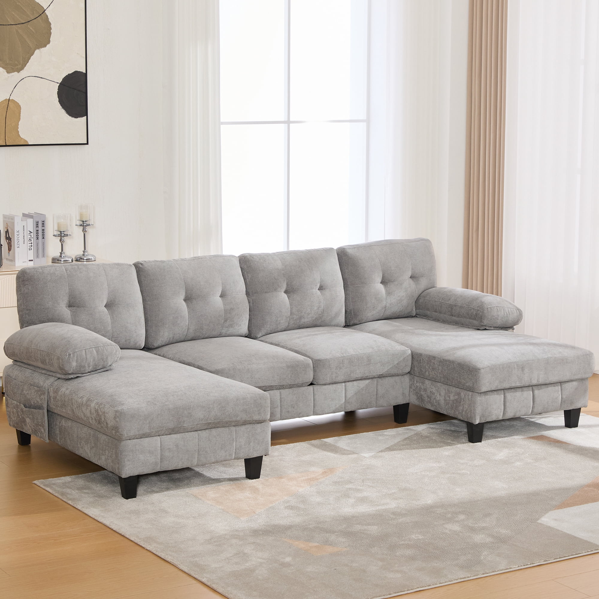 Leumius U Shaped Sectional Sofa, 103.5" Chenille Fabric Couch with Double Chaise Lounges, U Shaped Couch for Living Room, Gray
