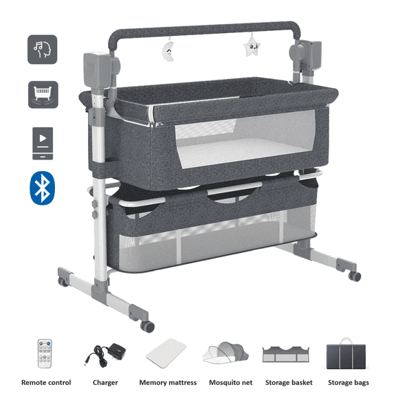 IRIS Baby Electric Baby Bassinet,Baby Swing,Baby Bedside Crib with 3-Level Height Adjustment, Mosquito Net for Newborns, Unisex,KHAKI