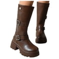 thumbnail image 5 of Knee High Boots for Women Adjustable Buckles Chunky Low Heel Fashion Lug Sole Motorcycle Boot Brown 8.5, 5 of 7