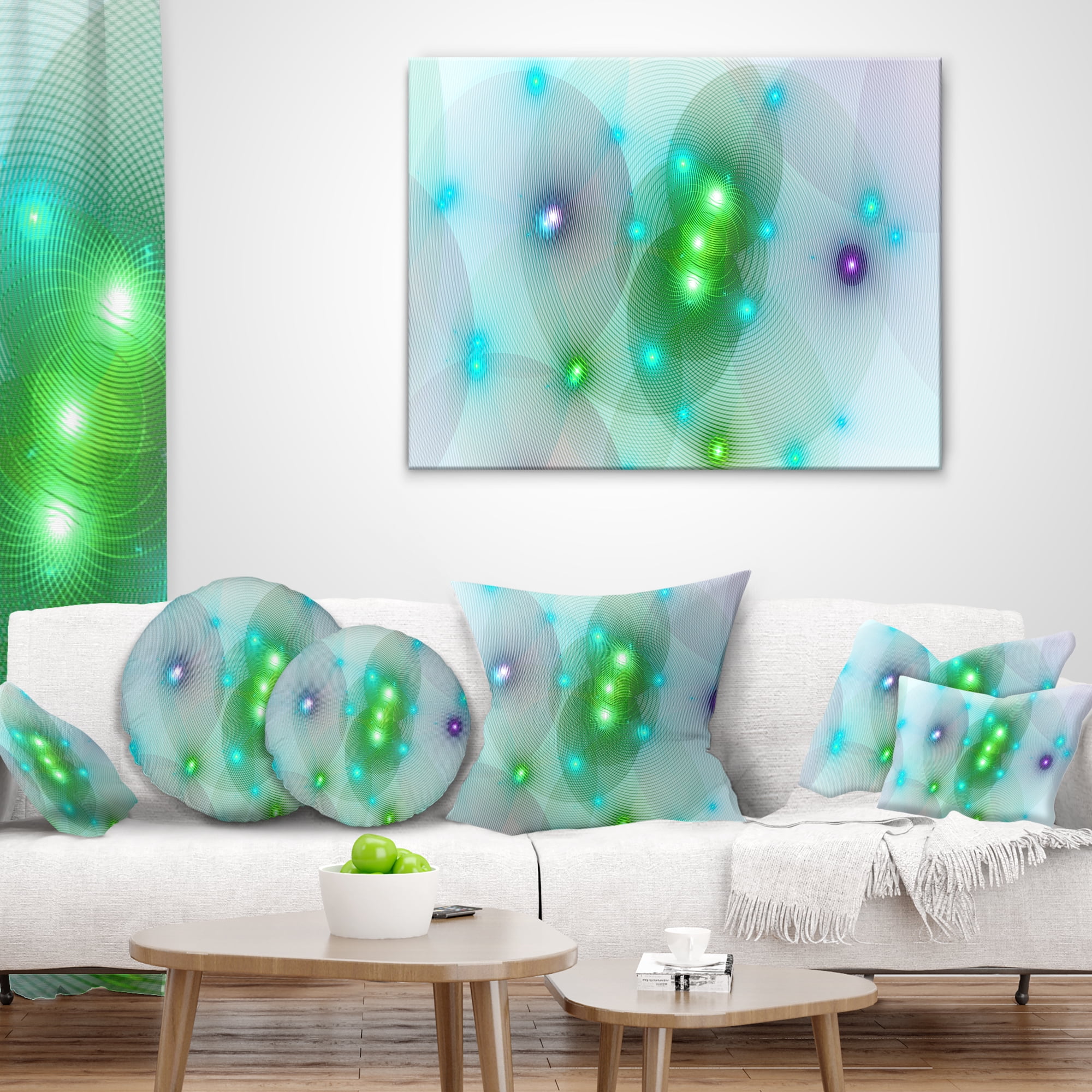 Designart Green Fractal Lights in Fog - Abstract Throw Pillow - 12x20