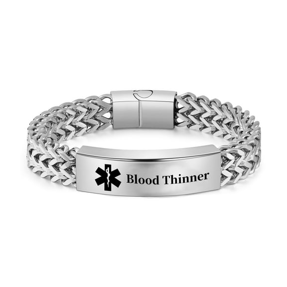 Vagzen Stainless steel Medical Alert ID Bracelet for Men, Engraved Blood Thinner, Silver