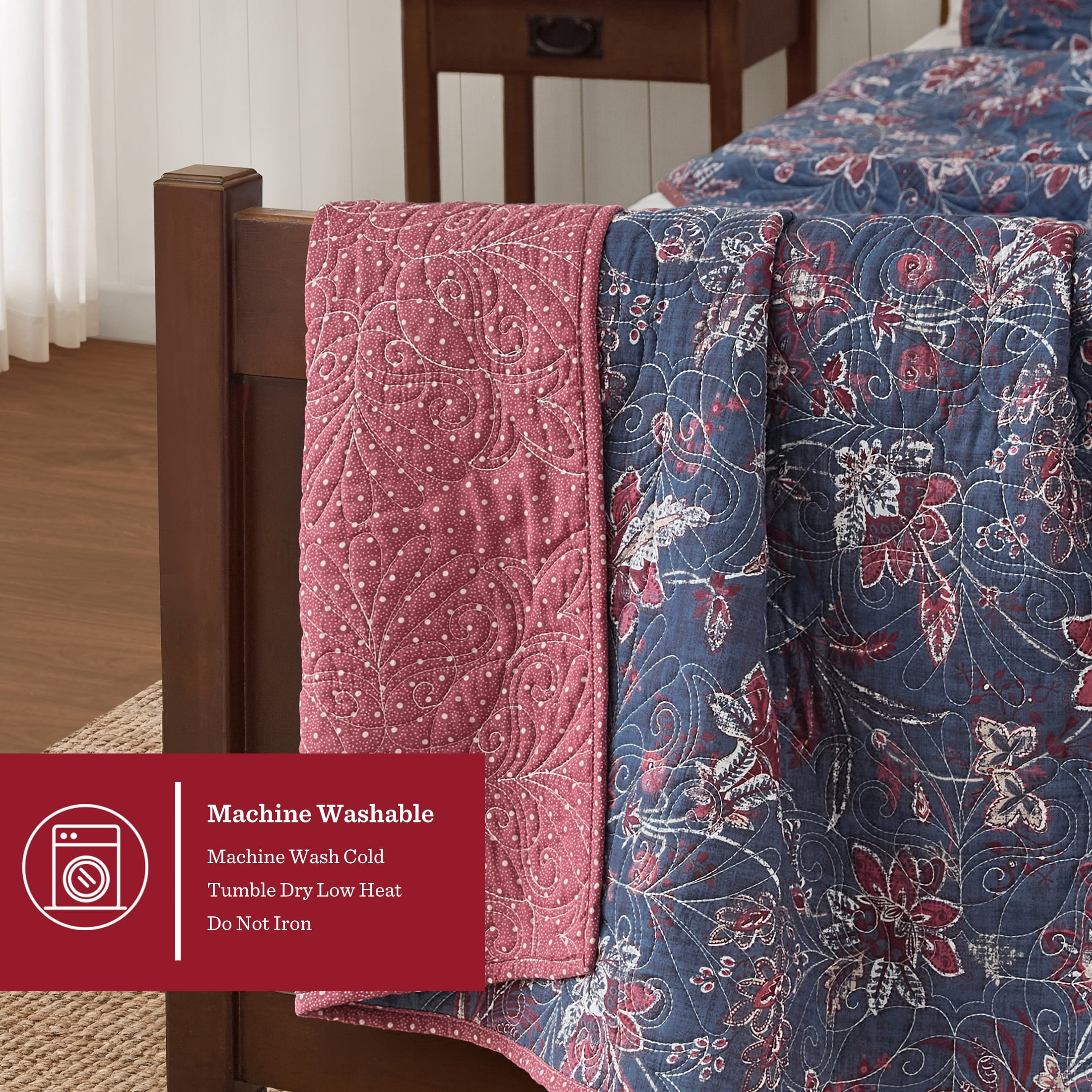 Country Home Queen Quilt Set, 100% Cotton & Reversible, Americana Floral Print, 3-Piece