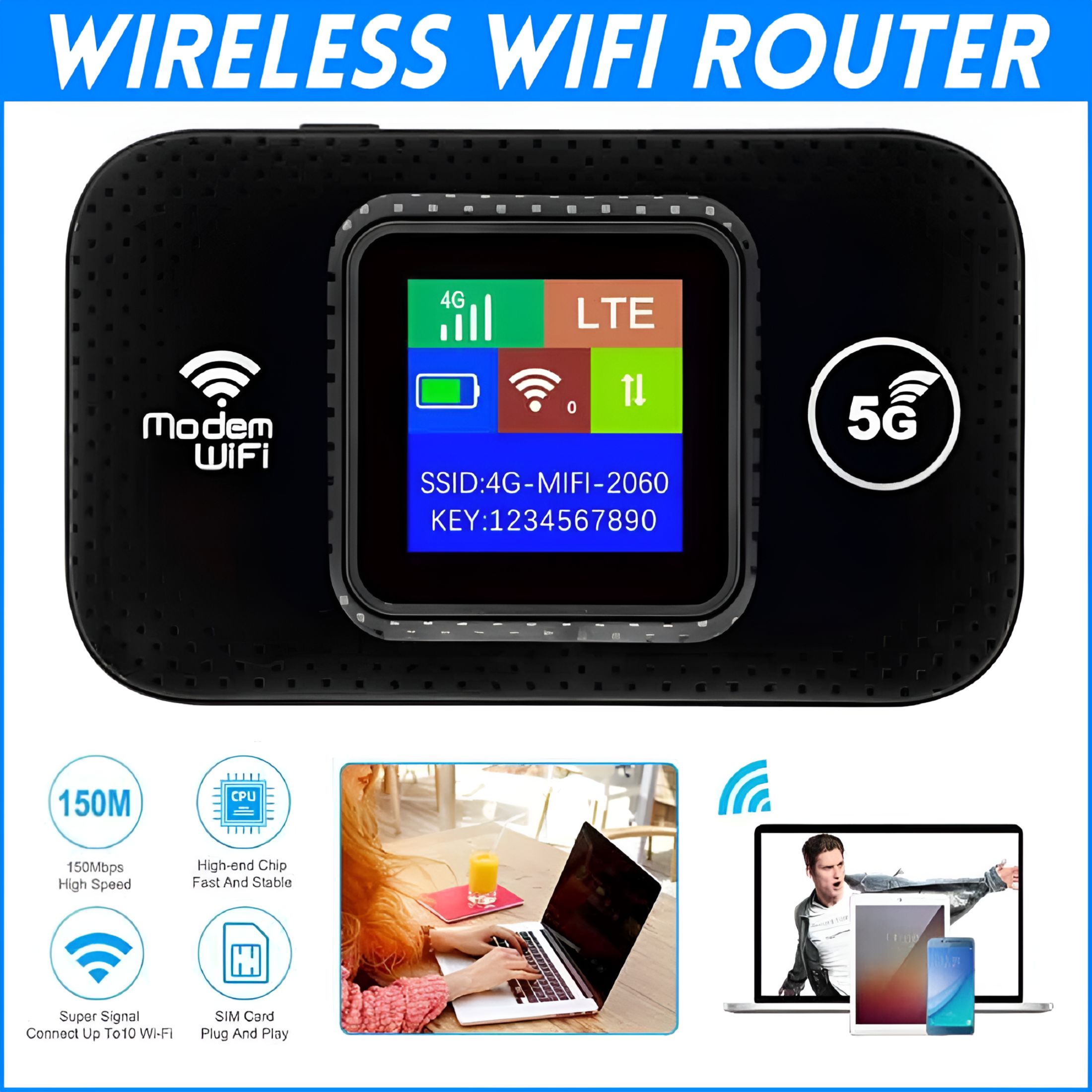 GJX Portable 5G LTE Wireless WiFi Router Mobile Broadband LCD MIFI Hotspot