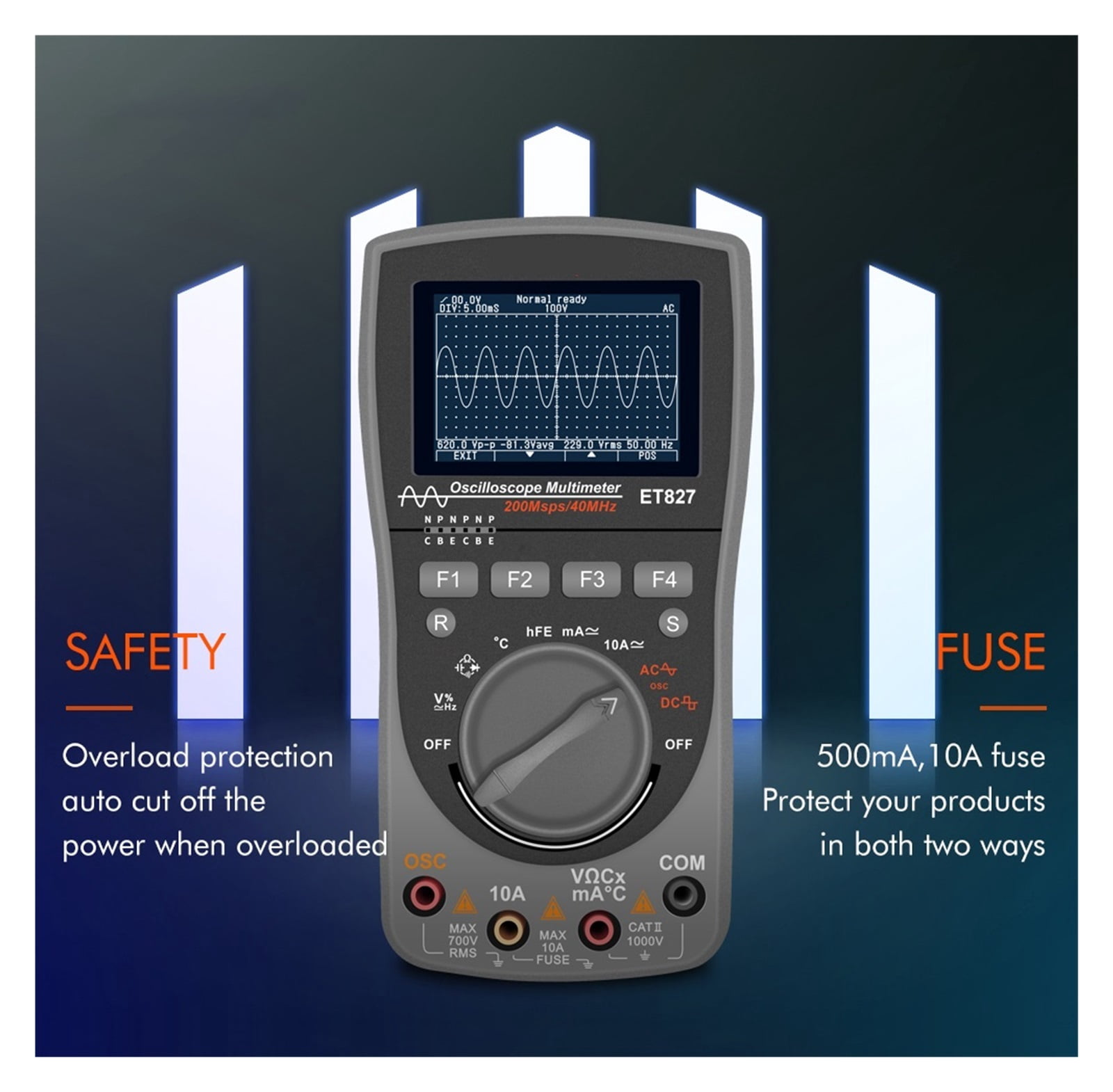 ET827 Digital Oscilloscope 40MHz Bandwidth 200 Msps Sampling Rate 2 in 1 Handheld Oscilloscope Multimeter ,Professional Designed