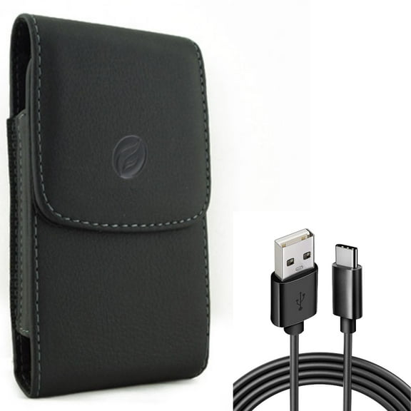 6ft USB-C Cable w Case Belt Clip for Samsung Galaxy S21,S20 - Type-C Charger Cord Power, Leather Holster Cover Combo