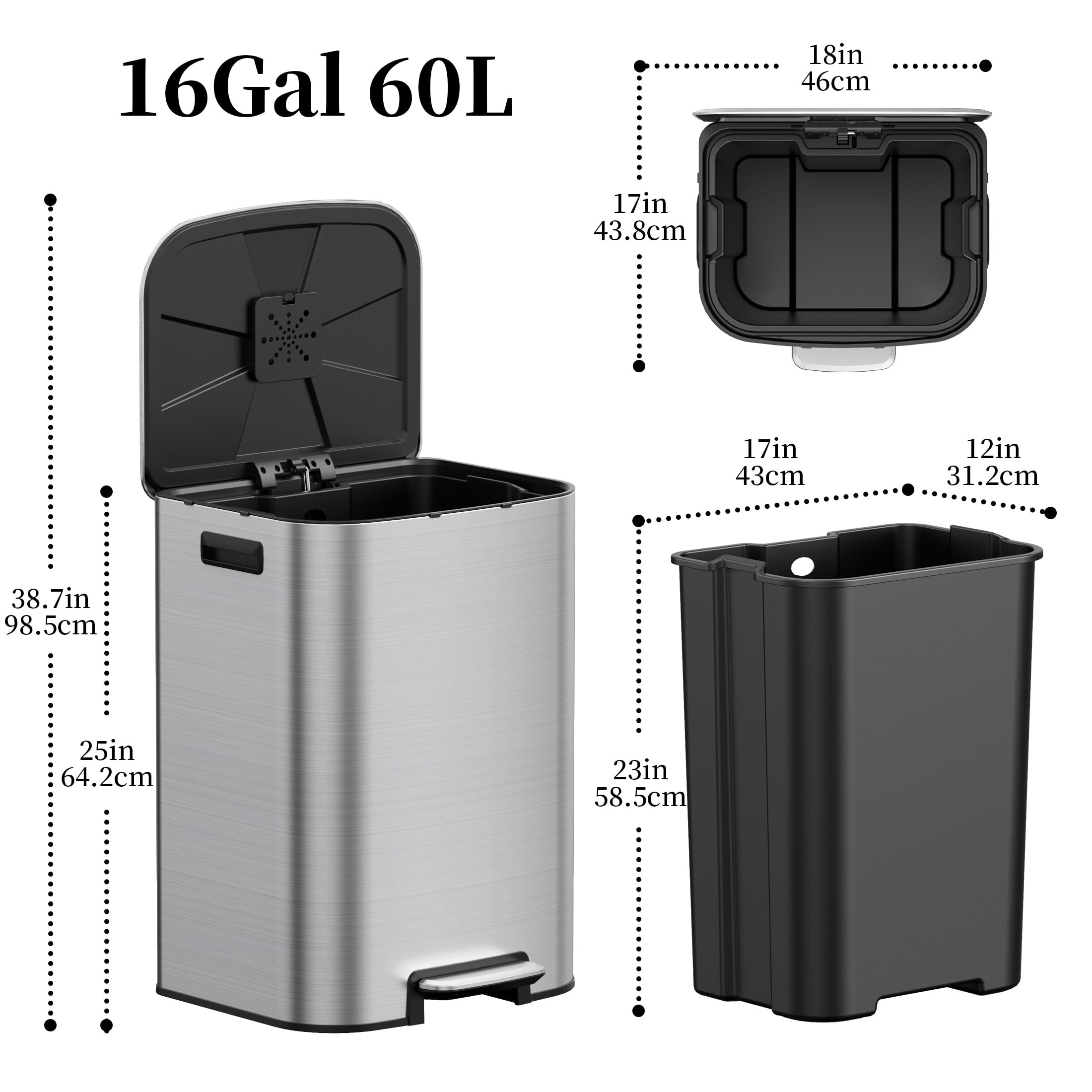 KSSKSS 16 Gallon/60L Large Stainless Steel Trash Can with Soft-Close Lid,Heavy Duty Hands-Free Commercial Step Trash Bin with Removable Inner Bucket, Pedal Garbage Can for Home Office and Kitchen