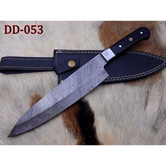 Damascus Steel kitchen Knife Custom made 13 Inches long Hand Forged Chef Knife 7.2" edge Buffalo Horn W/Bolster scale, cow leather sheath