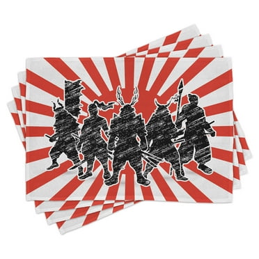 Ambesonne Japanese Place Mats Set of 4, Samurai Ninja Retro, Standard Size, Red Black