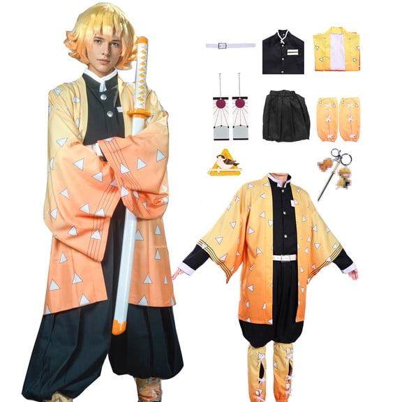 Forfamy Agatsuma Zenitsu Cosplay Outfits, 8pcs Costume Anime Clothes for Aldults Halloween Cosplay Cloak for Women Men