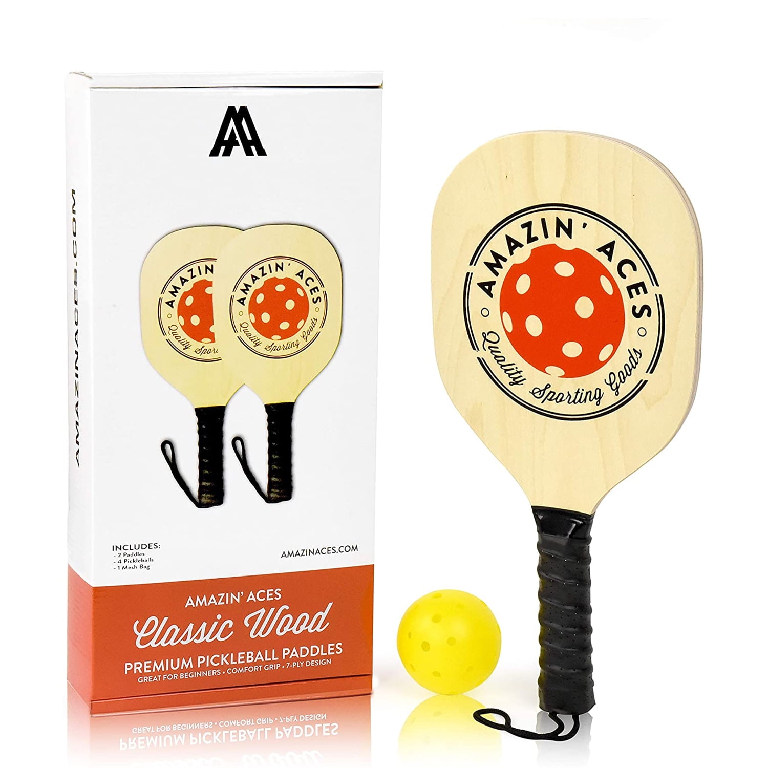Amazin Aces Wood Pickleball Set with 4 Wooden Paddles, 4 Balls, and Carry  Bag