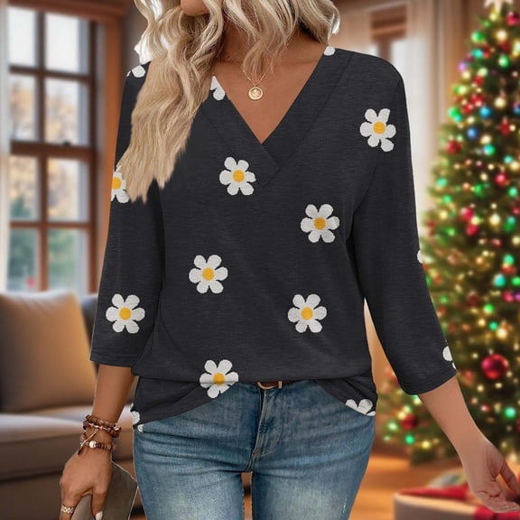 Jsaierl 3/4 Sleeve Womens Tops Summer V Neck Shirts Dressy Print Ladies Blouses Going Out Dressy Tunic Top S-2XL
