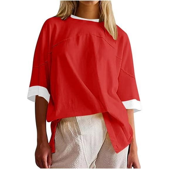Color Block 3/4 Sleeve Tops for Women Summer Casual Side Split Crew Neck Sweatshirt Loose Pullover Oversized T Shirts, Red, S