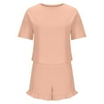 thumbnail image 5 of BSDJILFG 2 Piece Sets for Women Summer 2025 Sleepwear Overalls Half Sleeve Solid Color Loose Round Neck Basic Tees with Ruffle Elastic Waist Shorts Campus Style School Collage Looks, 5 of 7