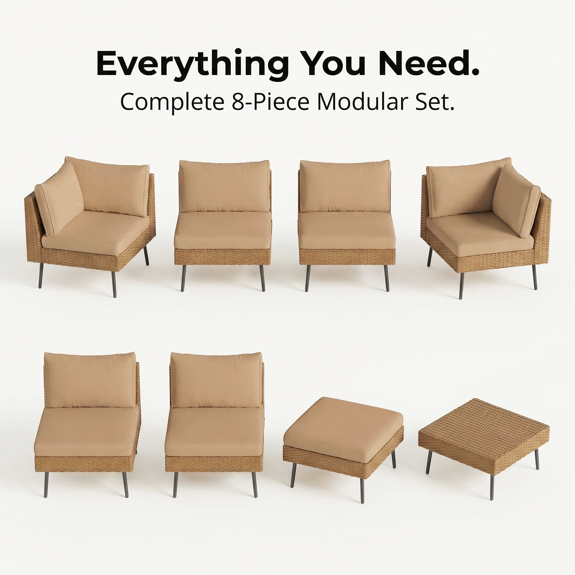 LAZZO 8-Piece Outdoor Wicker Conversation Set, All-Weather Sectional Sofa with 6 Chairs & 2 Ottomans, Khaki Cushions
