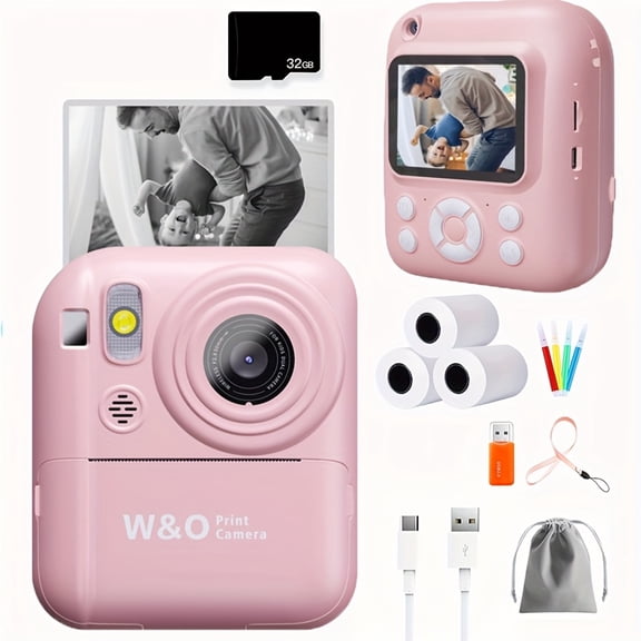 Kids 3-in-1 Instant Printer Digital Camera - Camera/Game/MP3, 1 Second Instant Photo Print (Print Paper Sold Alone) | 10x Digital Zoom, 1080P FHD, 32G Card   Reader   USB   Lanyard