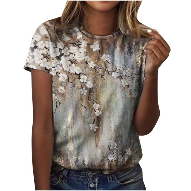 T-Shirt Décontracté à Manches Courtes Imprimé Floral Col Rond pour Femmes