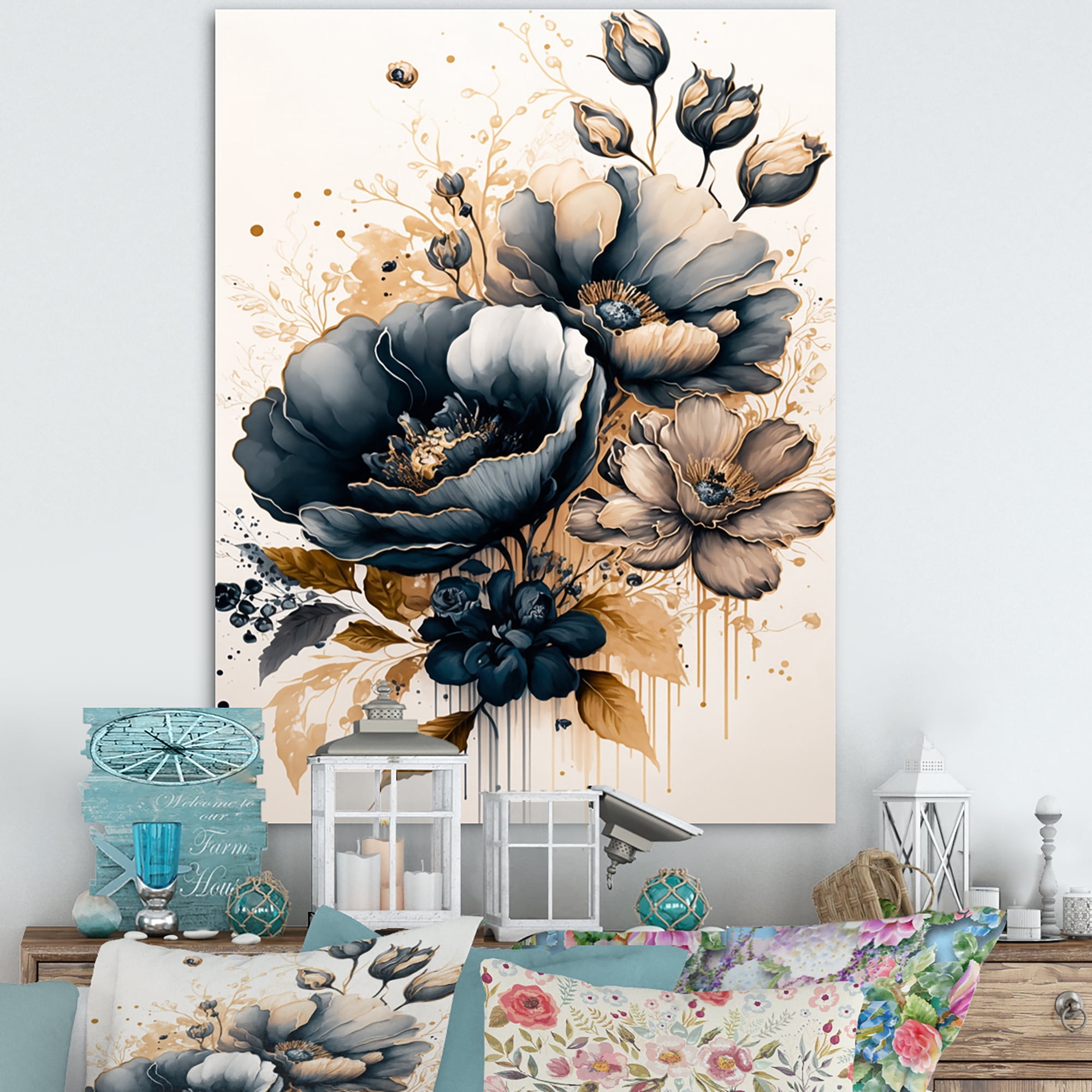 Designart Navy Blue And Gold Poppy Flowers III Canvas Wall Art