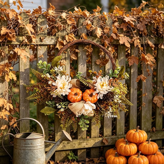 15.7" Fall Thanksgiving Wreaths for Front Door Halloween Pumpkins Rattan Wreath Rustic Autumn Wreath Thanksgiving Farmhouse Decor Fall Decorations For Home Indoor Outdoor Harvest Gift
