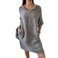 thumbnail image 2 of Women's Linen Casual Knee Length Tunic Dress V Neck Short Sleeve Loose Fit Shift Dress with Pockets Lightweight Breathable Summer Daily Wear Minimalist Comfortable Apparel, 2 of 6
