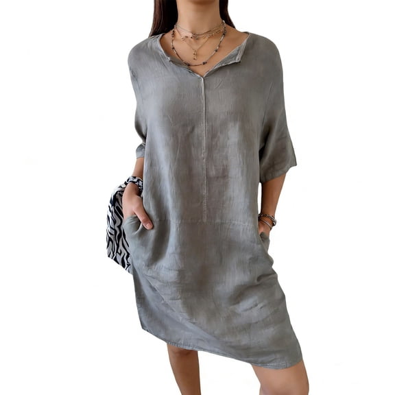 Kvture 3/4 Sleeve V Neck Cotton Casual Dresses for Women Trendy Summer Mini Dress with Pockets Solid Beach Vacation Dress Gray