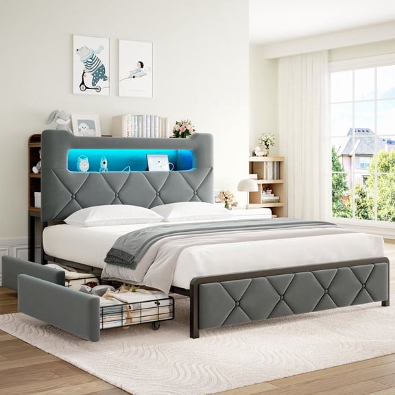 Vipuse Queen Upholstered LED Bed Frame with 2 Storage Drawers and 2-Tier Storage Headboard, Velvet Platform Bed with Charging Station & Bookcase, Heavy Duty Metal Support, No Box Spring Needed, Grey