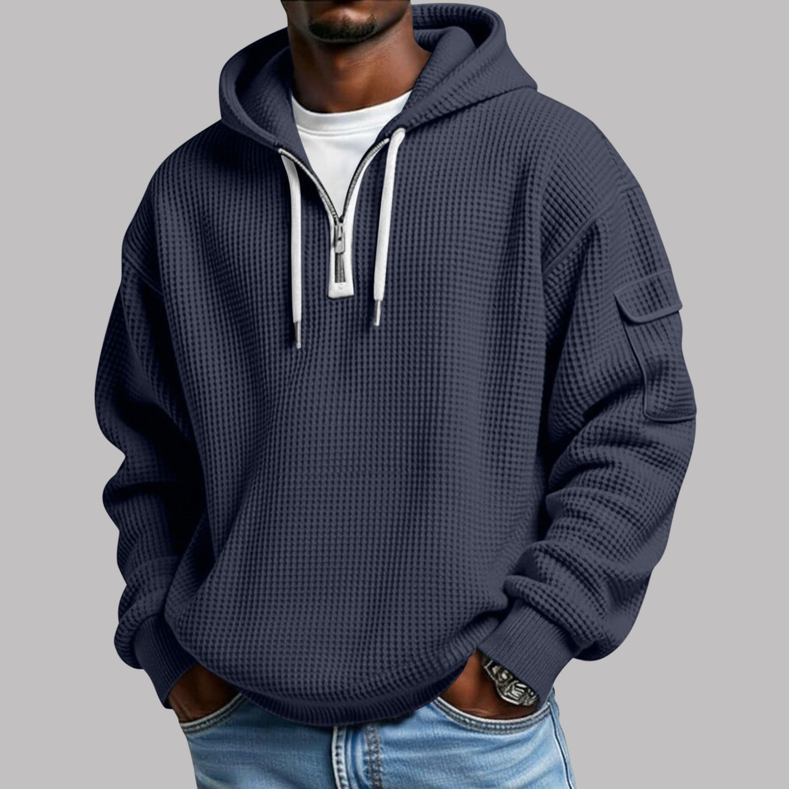 Yteetum Hoodies for Men Oversized Quarter Zip Waffle Weave Drawstring Long Sleeve Pullover Hooded Sweatshirts Tops Mens Casual Solid 1/4 Zipper Loose Fits Fall Athletic Hoodie with Pockets