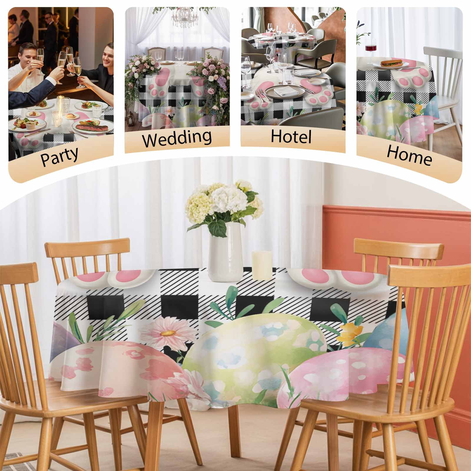 Round Tablecloth Easter Bunny Tail Waterproof Oil Proof Polyester Table Cloth Cover Decor for Home Dining Outdoor,Patio,Parties, 54" Dia. Color Eggs Spring Flowers Black White Plaid