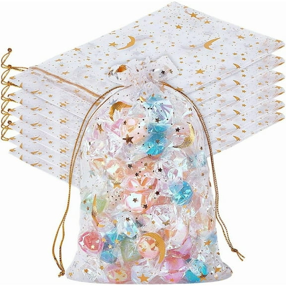 50Pcs Moon Star Drawstring Bags 4 x 6 Inch Small White Sheer Mesh Candy Pouches Party Favor Gift for Christmas Wedding Birthday Gifts Makeup Packaging Wrapping