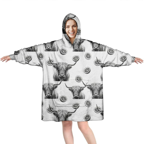 White Highland Cow Lemon Pattern Wearable Oversized Blanket,Wearable Blanket Hoodie for Adults,Cozy Hooded Blankets with Super Pockets,Super Warm Fuzzy Pullover for Women & Men