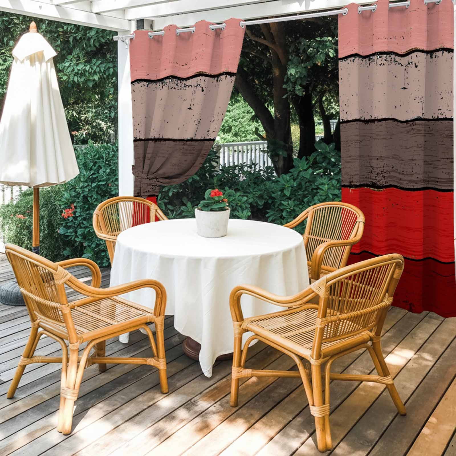 Outdoor Curtains for Patio Waterproof, Red Grey Windproof Pravicy Outside Porch Blackout Curtain, Vintage Stripe Farmhouse Wood Grain Ombre Sun Blocking Grommets Curtains for Cabana Gazebo 54"x108"