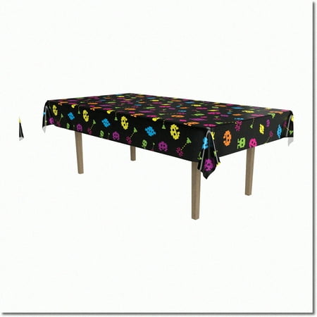 Retro Arcade Vibes Tablecloth - 80's Video Game Party Supplies, 54"x108", Black, Yellow, Blue, Orange, Purple