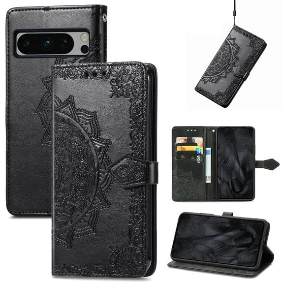 SaniMore for Google Pixel 8 Pro 6.7" 2023 Wallet Case with Embossed Mandala PU Leather Flip Protection Wrist Strap Credit Card Holder Pocket Kickstand Shockproof Cover For Google Pixel 8 Pro, Black