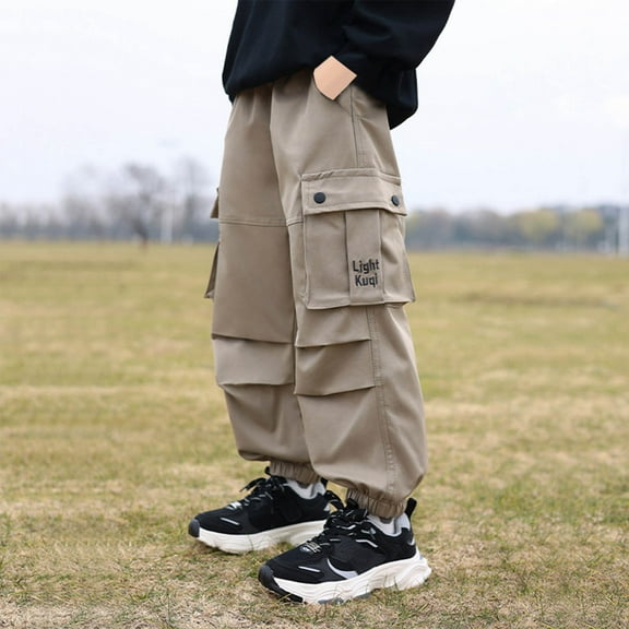 Spazoro Boys Cargo Pants, Baggy Multi-Pockets Elastic Waist Solid Color Casual Jogger for Boys Khaki Size 5-6T