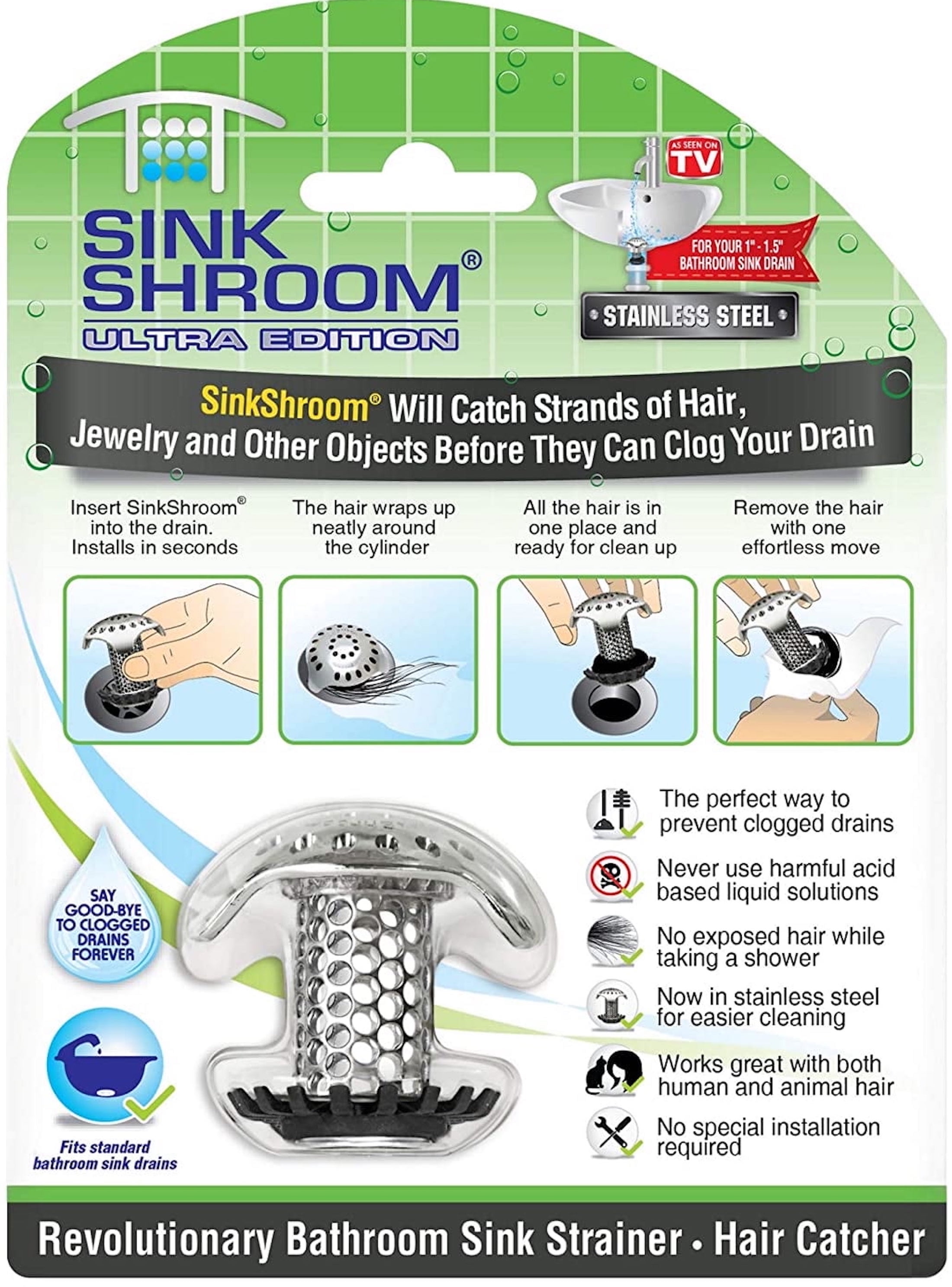 (3 pack) Sink Shroom Ultra Edition Bathroom Sink Hair Drain Catcher Stainless Steel, 1 pack