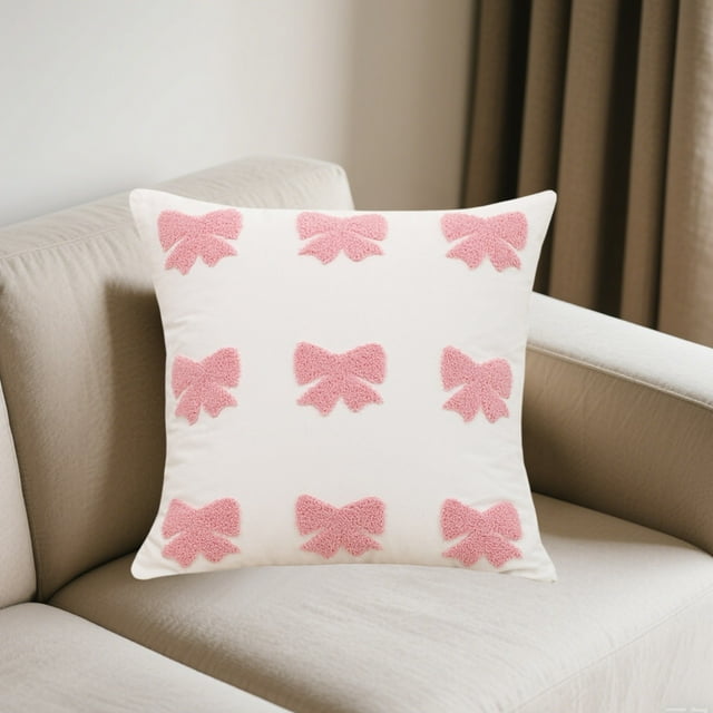 Fundas de cojín con nudo de mariposa para sofá | Cojines decorativos de 45 x 45 cm para salón | Tela suave con diseño en rosa y blanco