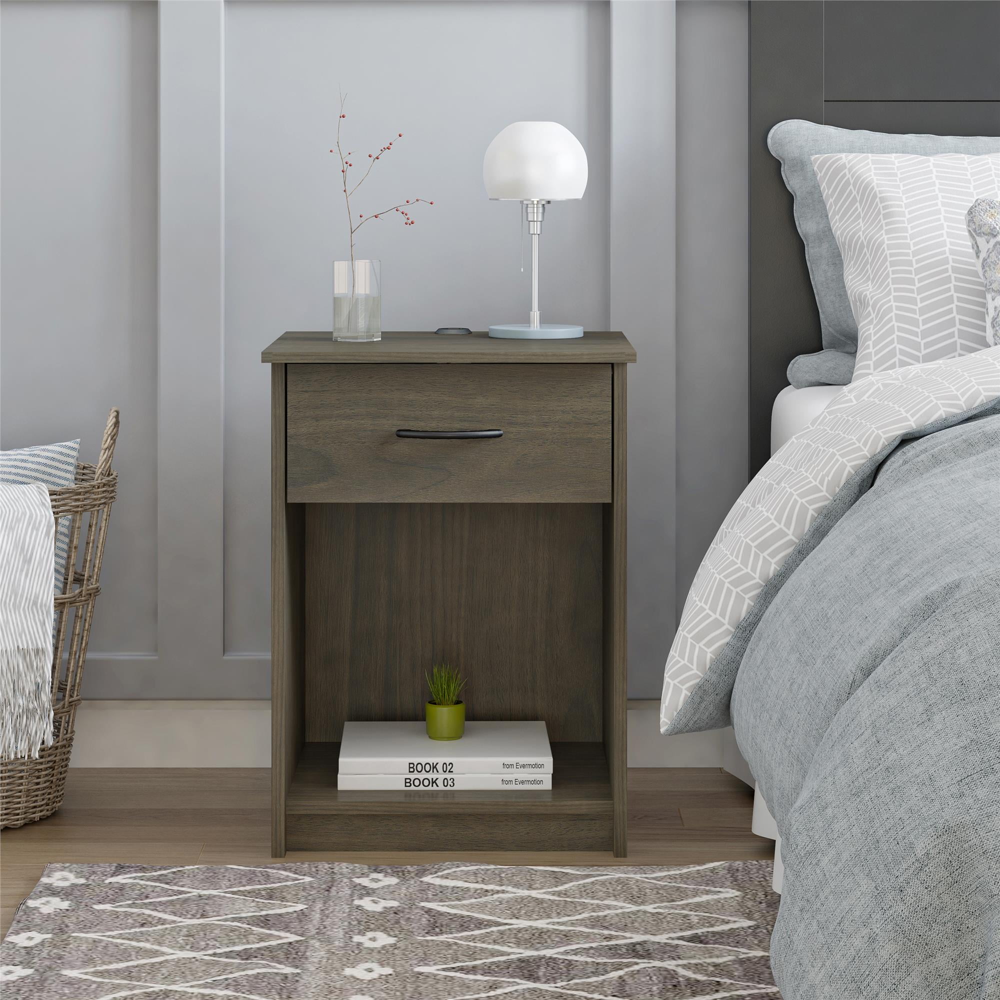 Mainstays 1 Drawer Nightstand with USB Power, Walnut