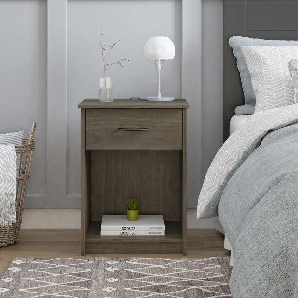 Mainstays 1 Drawer Nightstand with USB Power, Walnut