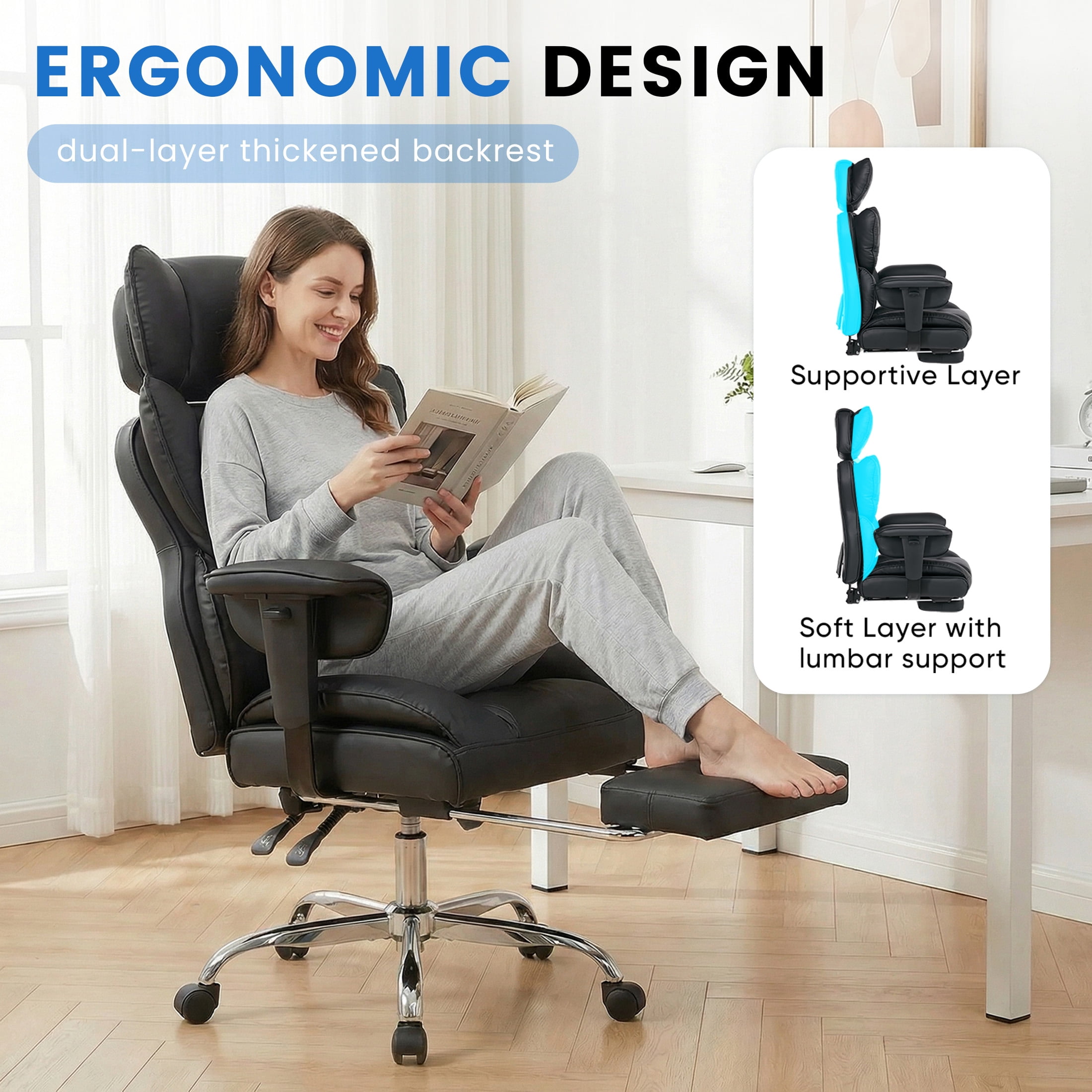 EDX Big and Tall Home Office Chair with Adjustable Armrests and Footrest,PU Leather Excutive Computer Chair with Wide Seat,Desk Chair with Ergonomic Lumbar Support,Black