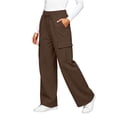 thumbnail image 5 of Women's Fleece Lined Cargo Pants Elastic Waist Drawstring Wide Leg Casual Lounge Trousers Cozy Fall Winter Jogger Pants with Pockets Coffee, 5 of 9