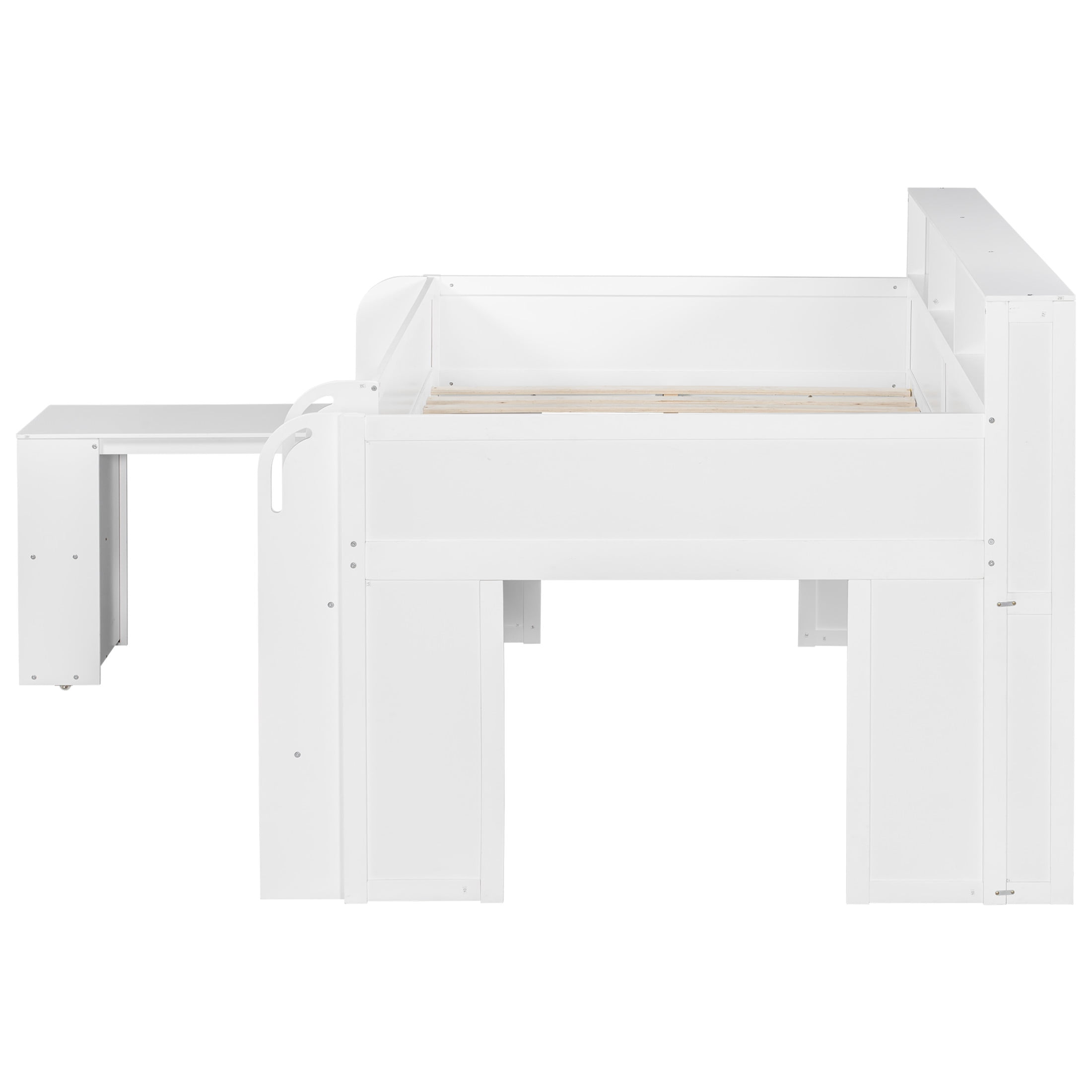 Noble House Nerwin Full Size Solid Wood Loft Bed with Built-in Desk, Storage Shelves and LED Lighting, White