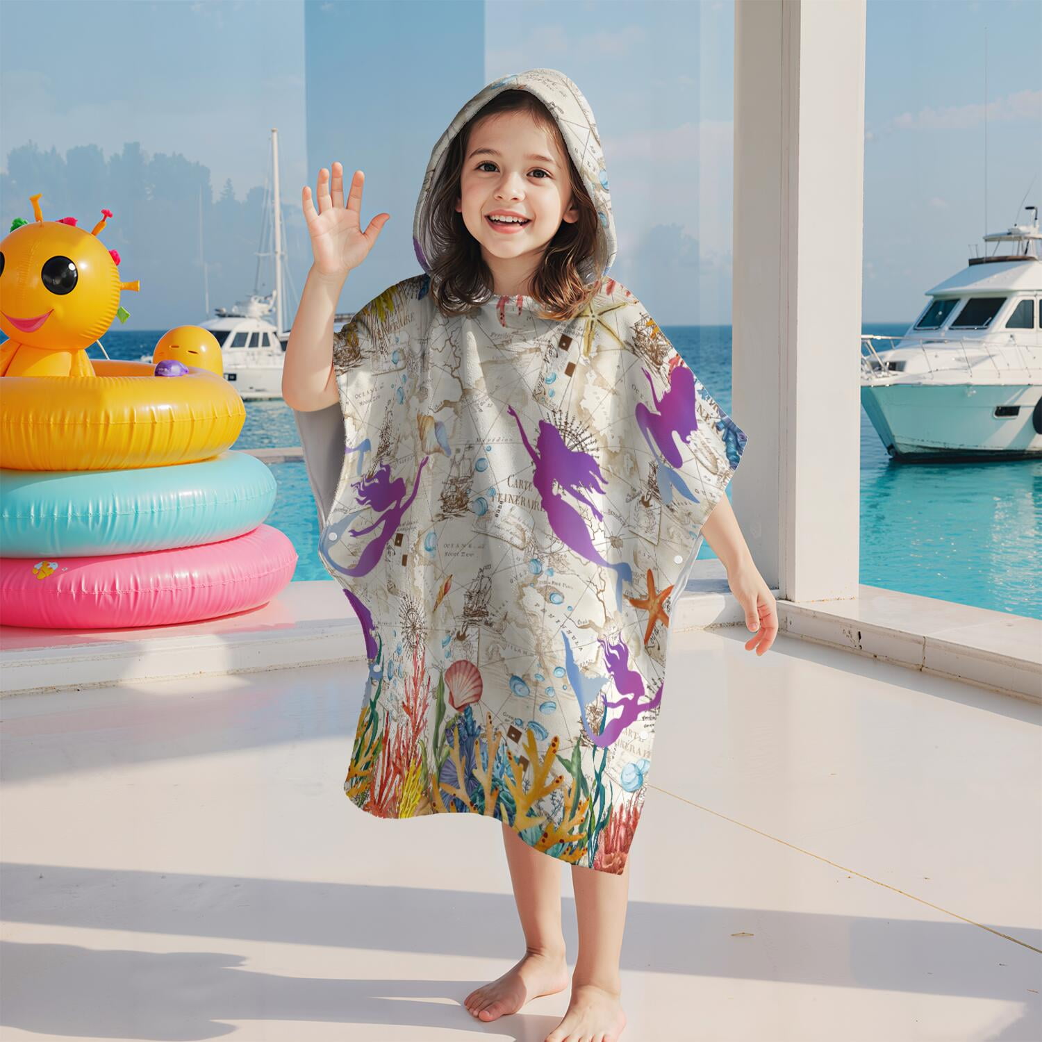 Hooded Kids Beach Towels - Toddler Bath Towel Girls Boys Swimming Cover-ups for Ages 2 to 6 Kids Pool Towels Quick Dry Lightweight Soft Microfiber Poncho Towel 28x28 (Mermaid Seashell)