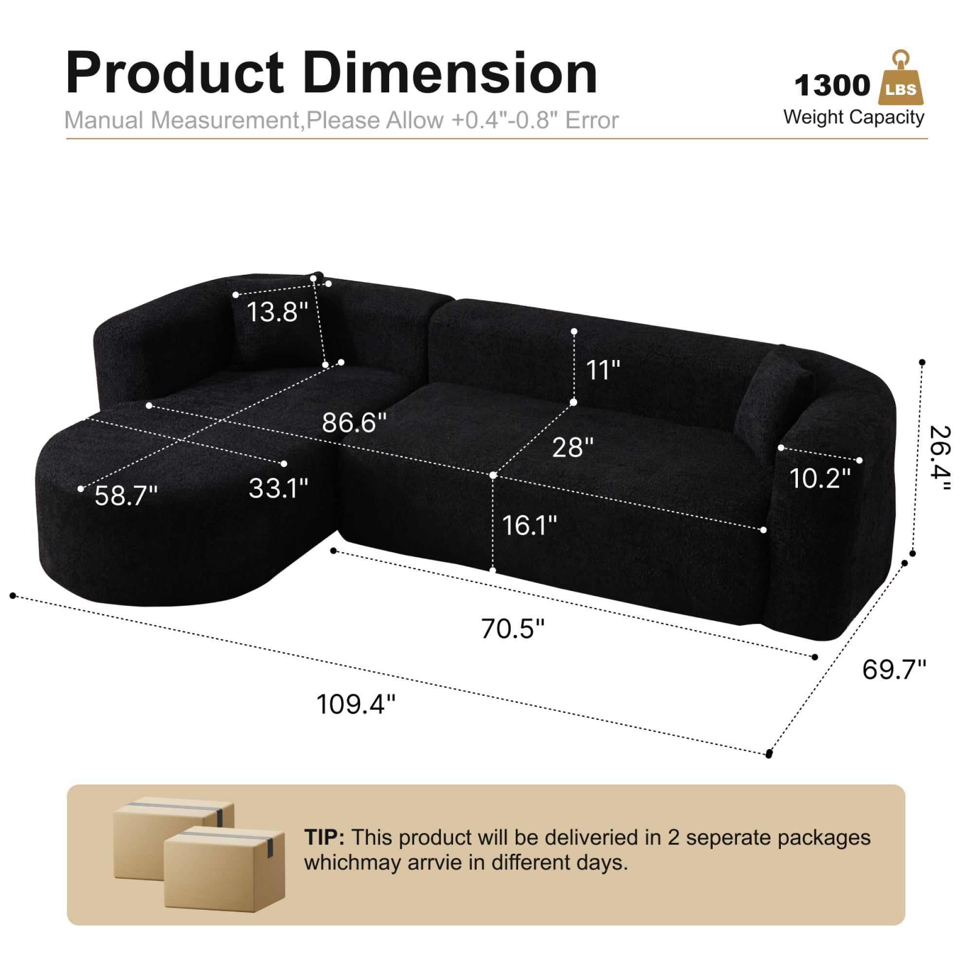 Leumius 109.4" Sectional Couch with L-Shaped Chaise, Boneless Modular Sectional Sofa for Living Room, Bedroom(Left- Black)