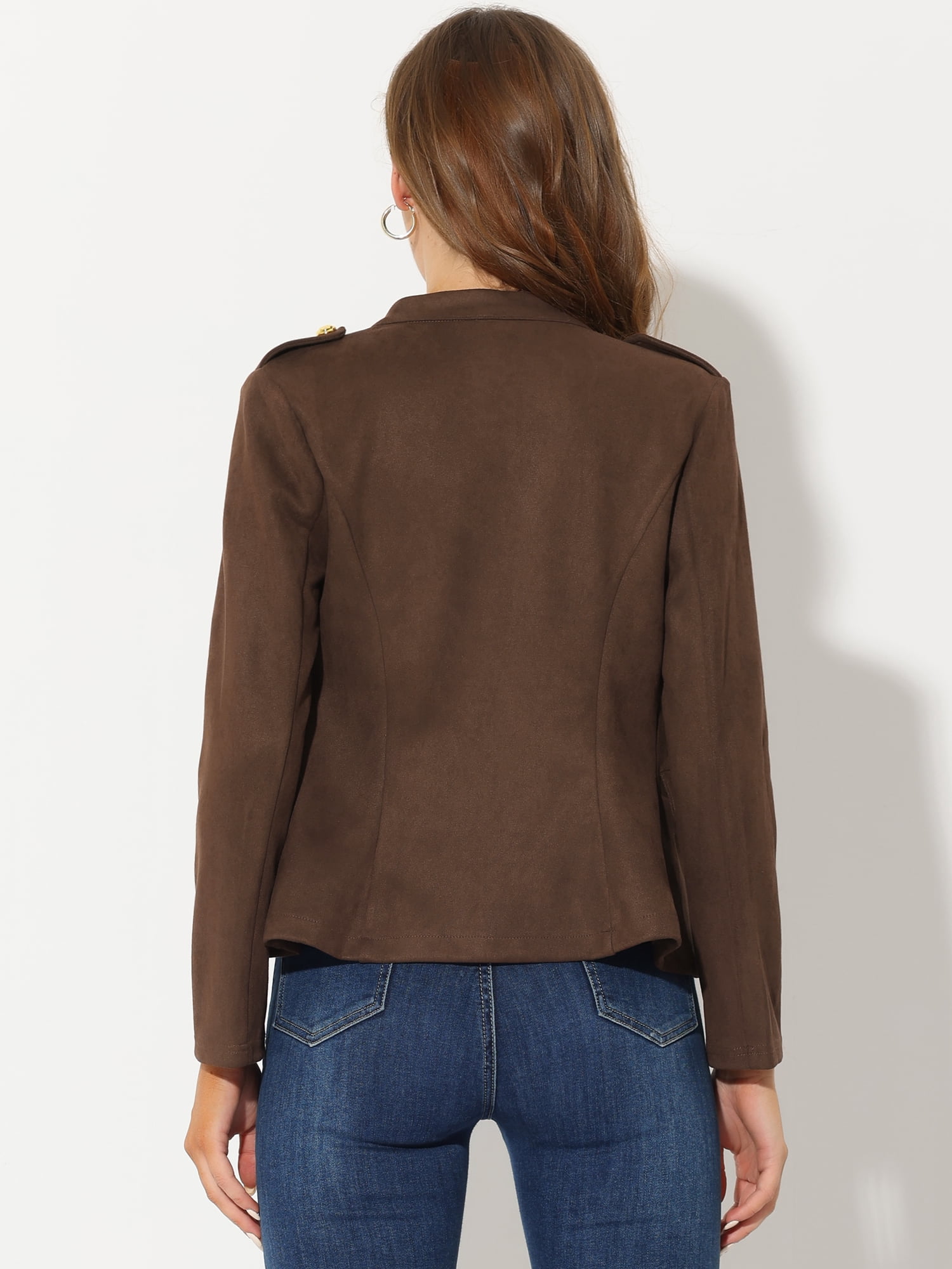 DARING DIVA Faux Suede Long Sleeve Button Decor Steampunk Jacket M Coffee