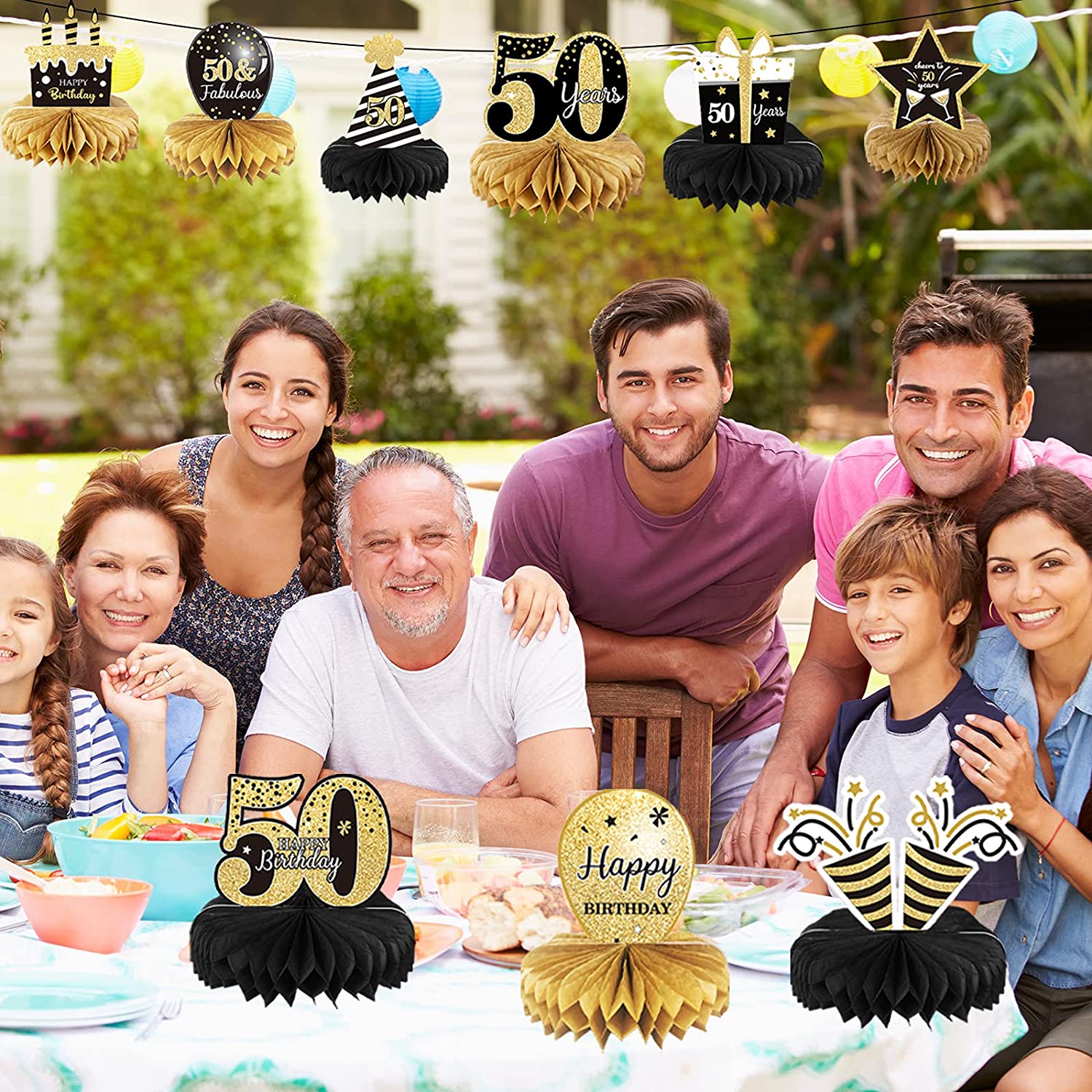 9-Piece Black and Gold 50th Birthday Honeycomb Centerpieces photo 3