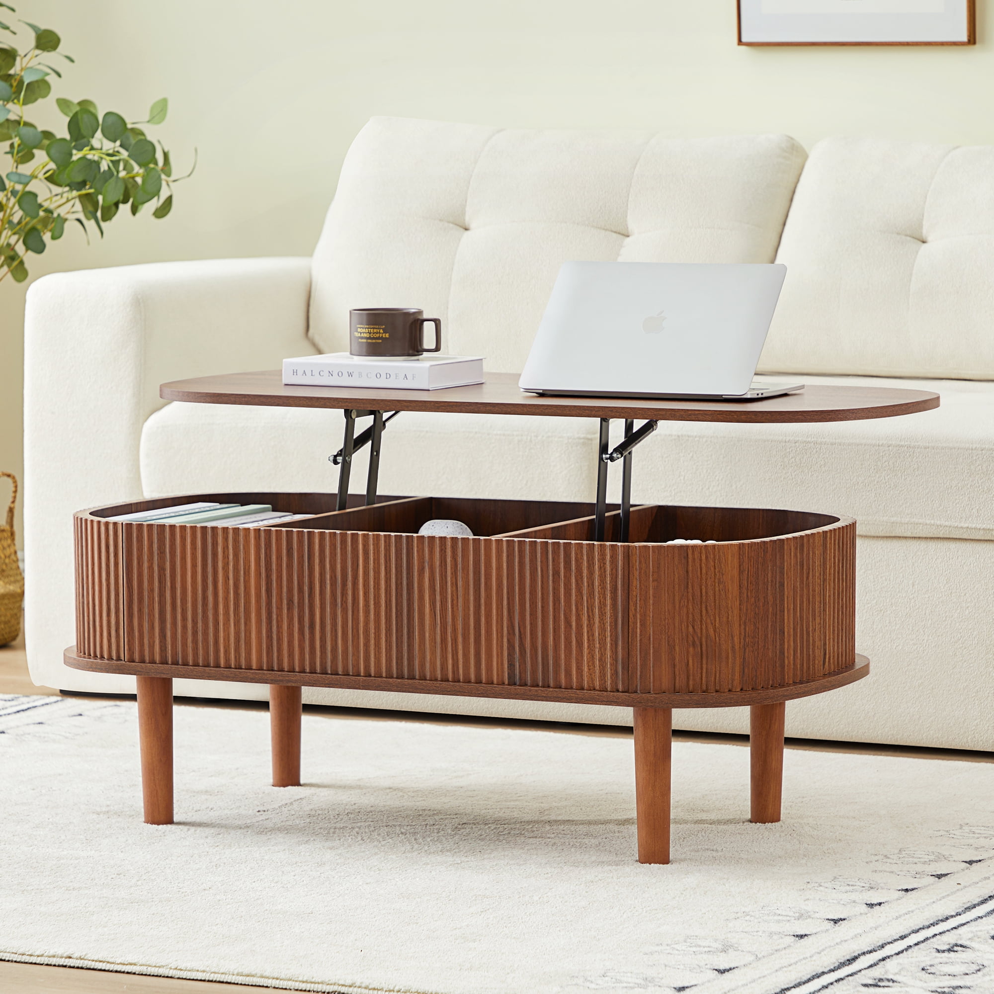 PHOYAL Wood Lift Top Coffee Table with Storage, Fluted Oval Coffee Table with Hidden Compartments for Living Room, Walnut